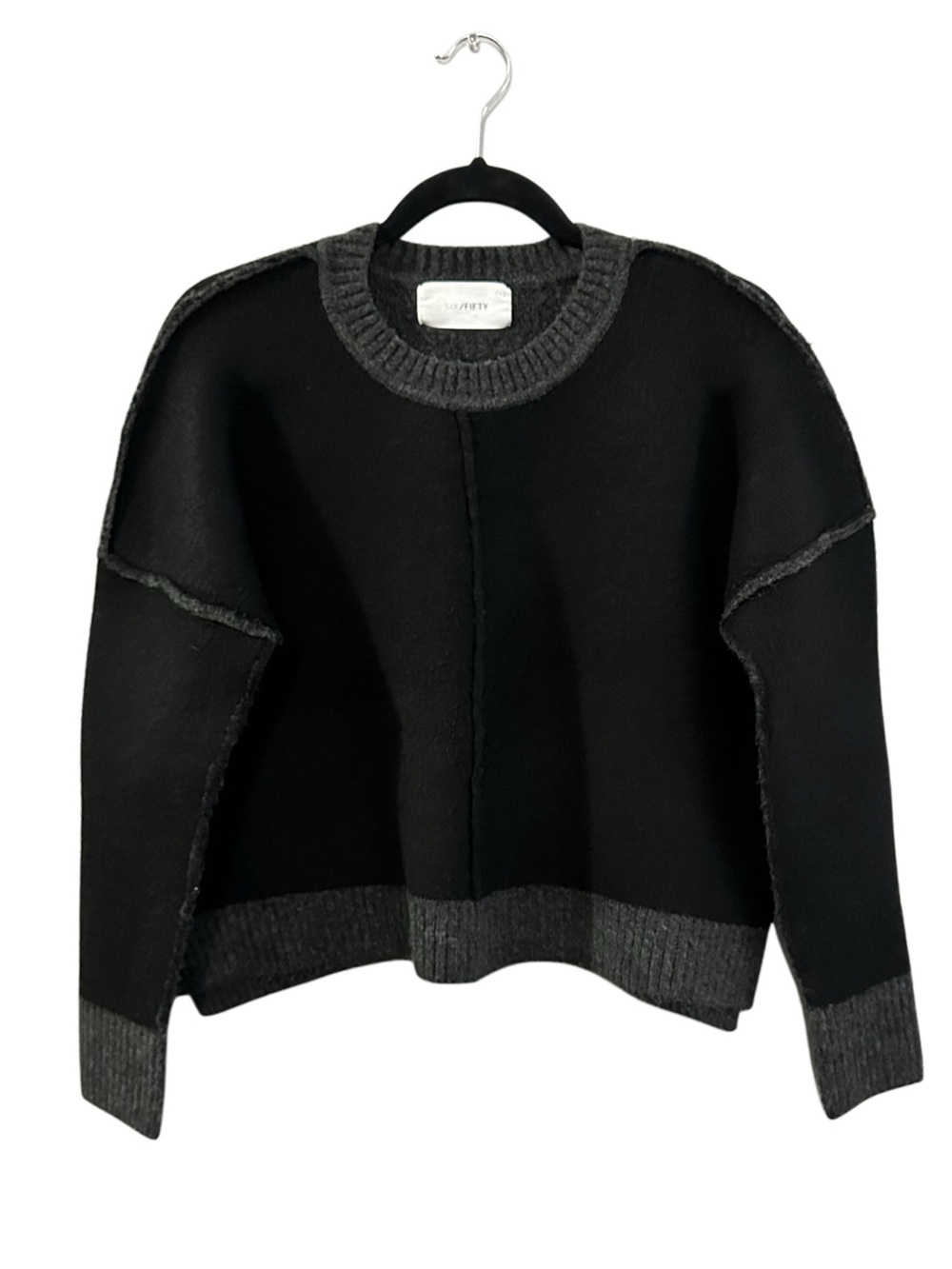 Six/Fifty Black Gray Exposed Seam Sweater Size L Oversized Boxy Pullover